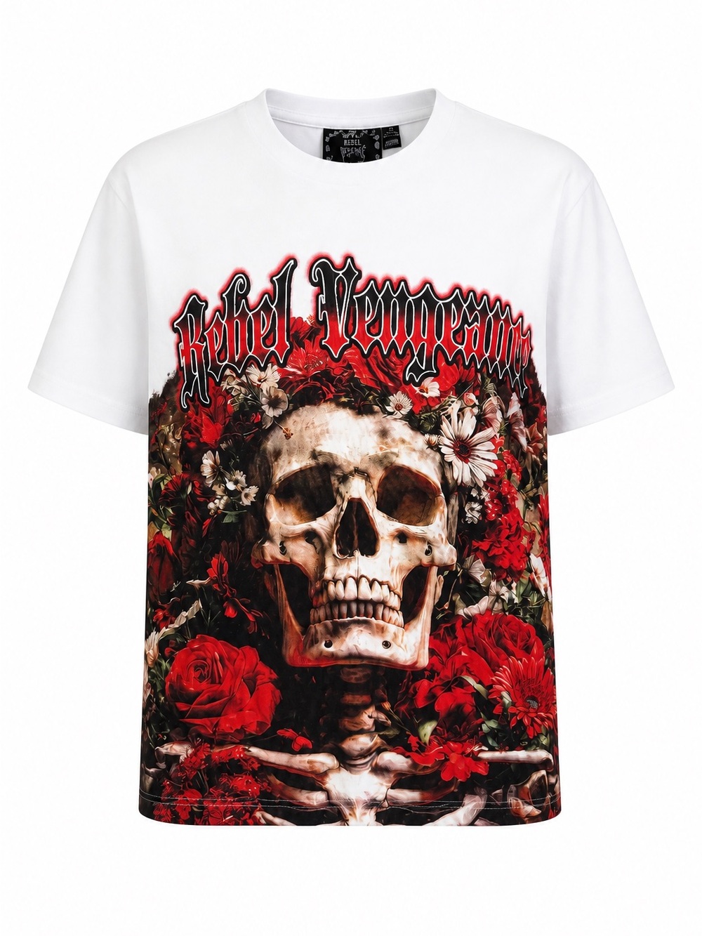 rebels White Tee with Skull & Red Rose Graphic
